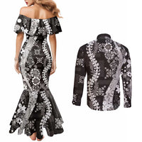 Hawaii Puakenikeni and Maile Lei Couples Matching Mermaid Dress and Long Sleeve Button Shirt Black Japanese Wave Style - Polynesian Pride