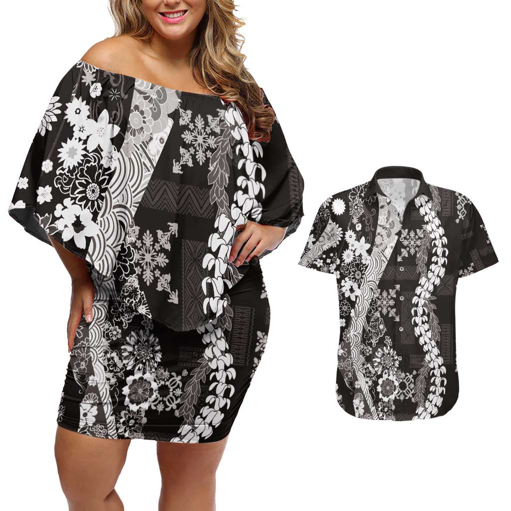 Hawaii Puakenikeni and Maile Lei Couples Matching Off Shoulder Short Dress and Hawaiian Shirt Black Japanese Wave Style - Polynesian Pride