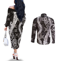 Hawaii Puakenikeni and Maile Lei Couples Matching Off The Shoulder Long Sleeve Dress and Long Sleeve Button Shirt Black Japanese Wave Style - Polynesian Pride