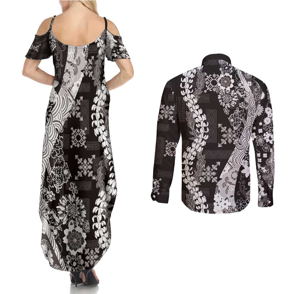 Hawaii Puakenikeni and Maile Lei Couples Matching Summer Maxi Dress and Long Sleeve Button Shirt Black Japanese Wave Style - Polynesian Pride