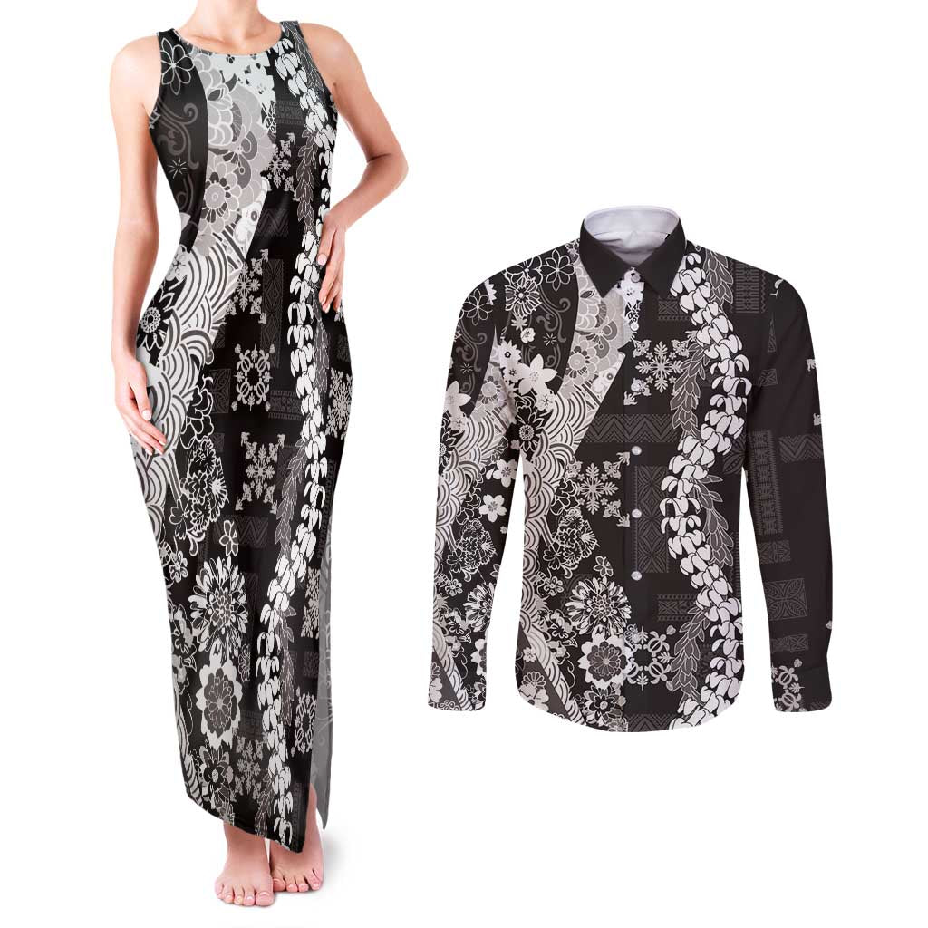 Hawaii Puakenikeni and Maile Lei Couples Matching Tank Maxi Dress and Long Sleeve Button Shirt Black Japanese Wave Style - Polynesian Pride