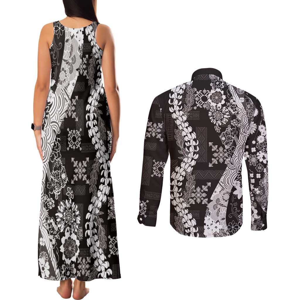 Hawaii Puakenikeni and Maile Lei Couples Matching Tank Maxi Dress and Long Sleeve Button Shirt Black Japanese Wave Style - Polynesian Pride