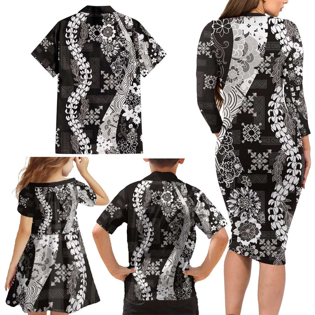 Hawaii Puakenikeni and Maile Lei Family Matching Long Sleeve Bodycon Dress and Hawaiian Shirt Black Japanese Wave Style - Polynesian Pride