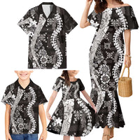 Hawaii Puakenikeni and Maile Lei Family Matching Mermaid Dress and Hawaiian Shirt Black Japanese Wave Style - Polynesian Pride