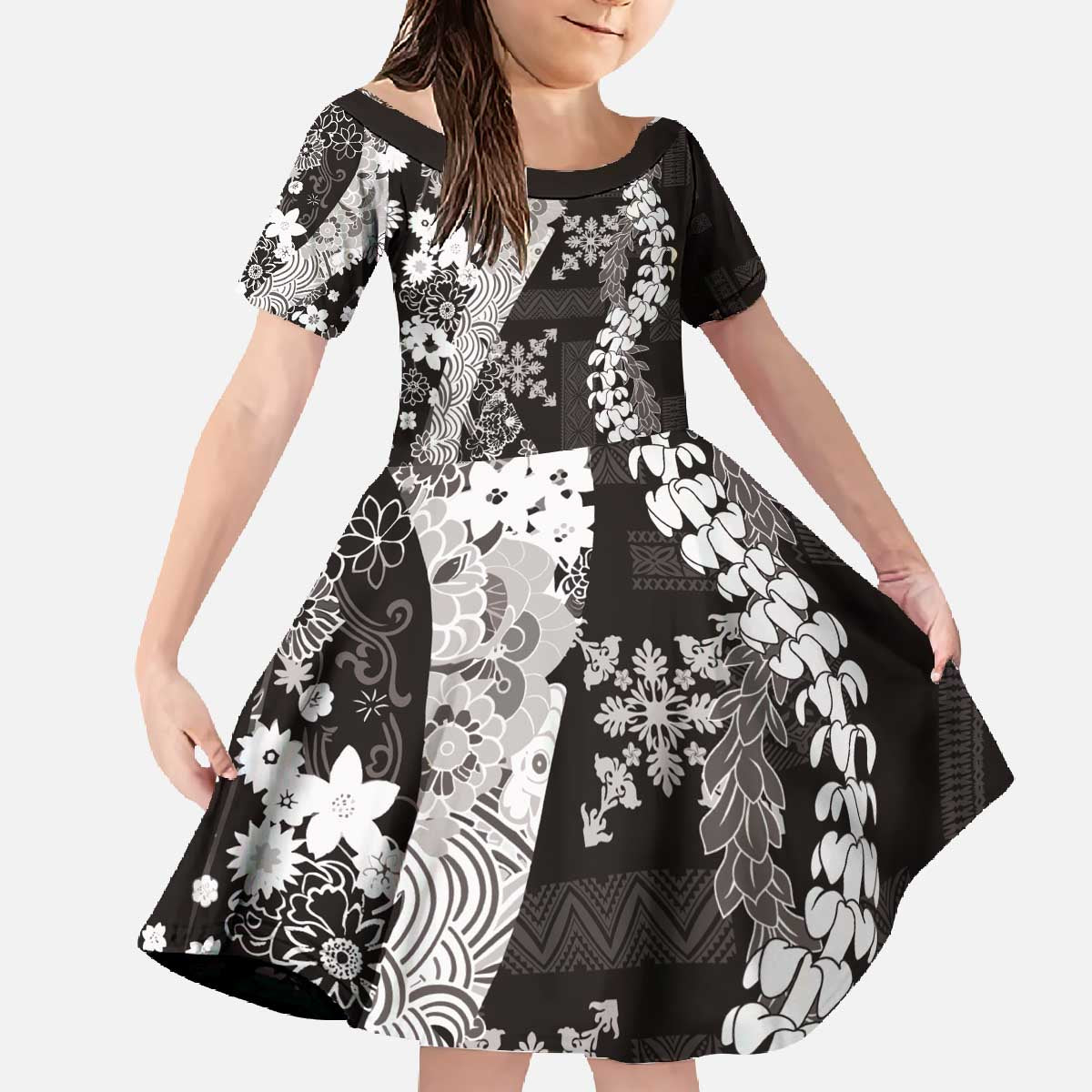 Hawaii Puakenikeni and Maile Lei Family Matching Off The Shoulder Long Sleeve Dress and Hawaiian Shirt Black Japanese Wave Style - Polynesian Pride