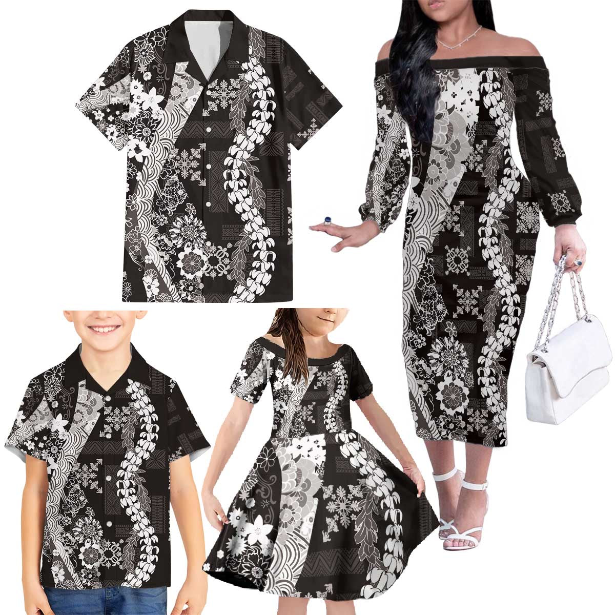 Hawaii Puakenikeni and Maile Lei Family Matching Off The Shoulder Long Sleeve Dress and Hawaiian Shirt Black Japanese Wave Style - Polynesian Pride