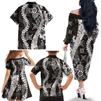 Hawaii Puakenikeni and Maile Lei Family Matching Off The Shoulder Long Sleeve Dress and Hawaiian Shirt Black Japanese Wave Style - Polynesian Pride