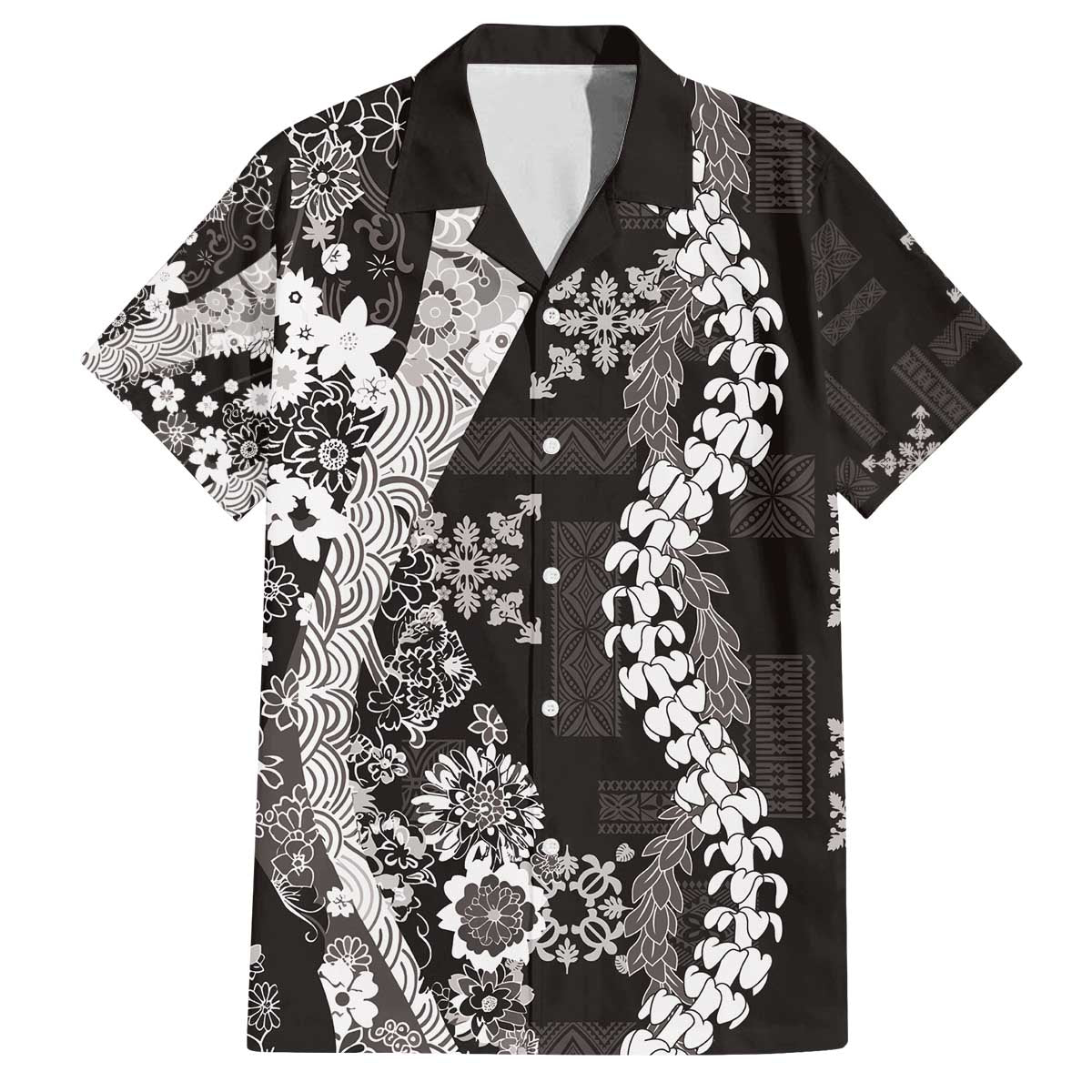Hawaii Puakenikeni and Maile Lei Family Matching Off The Shoulder Long Sleeve Dress and Hawaiian Shirt Black Japanese Wave Style - Polynesian Pride