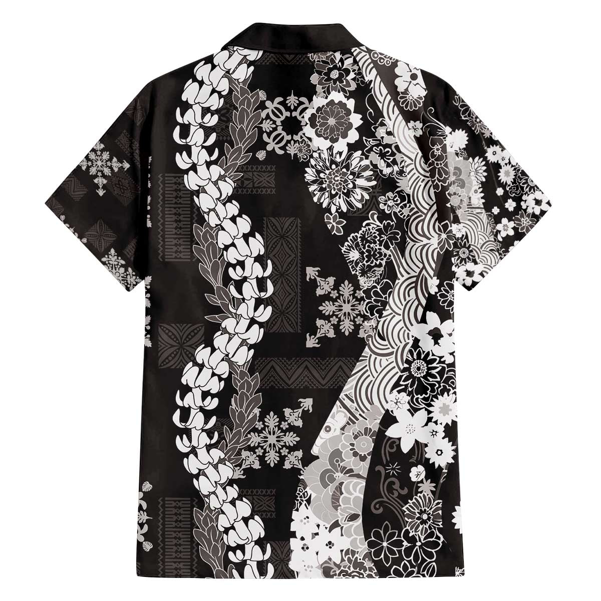 Hawaii Puakenikeni and Maile Lei Family Matching Off The Shoulder Long Sleeve Dress and Hawaiian Shirt Black Japanese Wave Style - Polynesian Pride