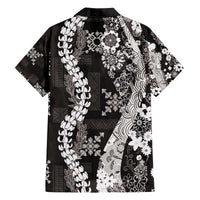 Hawaii Puakenikeni and Maile Lei Family Matching Off The Shoulder Long Sleeve Dress and Hawaiian Shirt Black Japanese Wave Style - Polynesian Pride