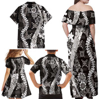 Hawaii Puakenikeni and Maile Lei Family Matching Off Shoulder Maxi Dress and Hawaiian Shirt Black Japanese Wave Style - Polynesian Pride