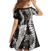 Hawaii Puakenikeni and Maile Lei Family Matching Off Shoulder Short Dress and Hawaiian Shirt Black Japanese Wave Style - Polynesian Pride