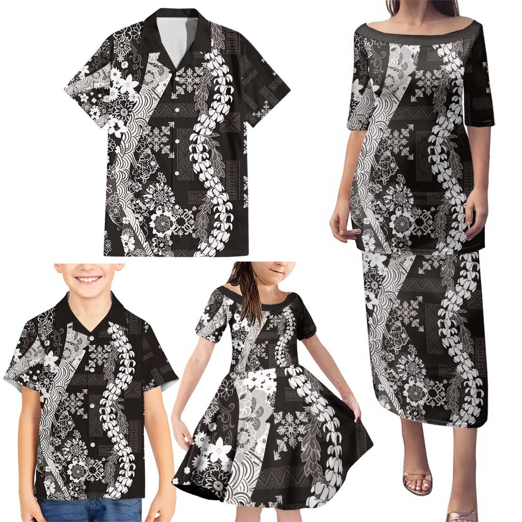 Hawaii Puakenikeni and Maile Lei Family Matching Puletasi and Hawaiian Shirt Black Japanese Wave Style - Polynesian Pride
