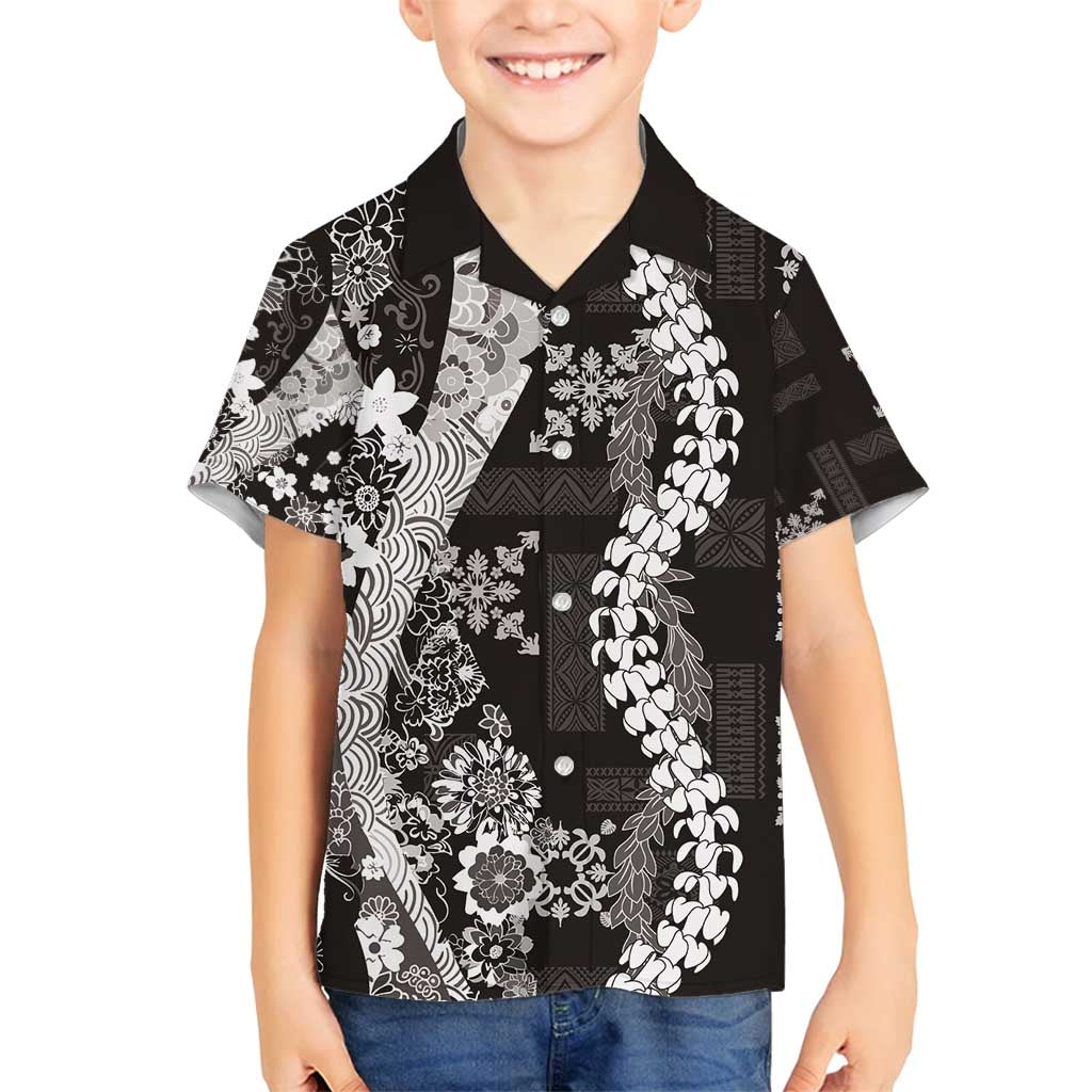 Hawaii Puakenikeni and Maile Lei Family Matching Puletasi and Hawaiian Shirt Black Japanese Wave Style LT9 Son's Shirt Black - Polynesian Pride