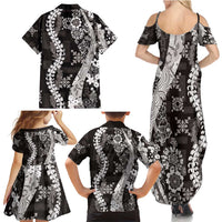 Hawaii Puakenikeni and Maile Lei Family Matching Summer Maxi Dress and Hawaiian Shirt Black Japanese Wave Style - Polynesian Pride