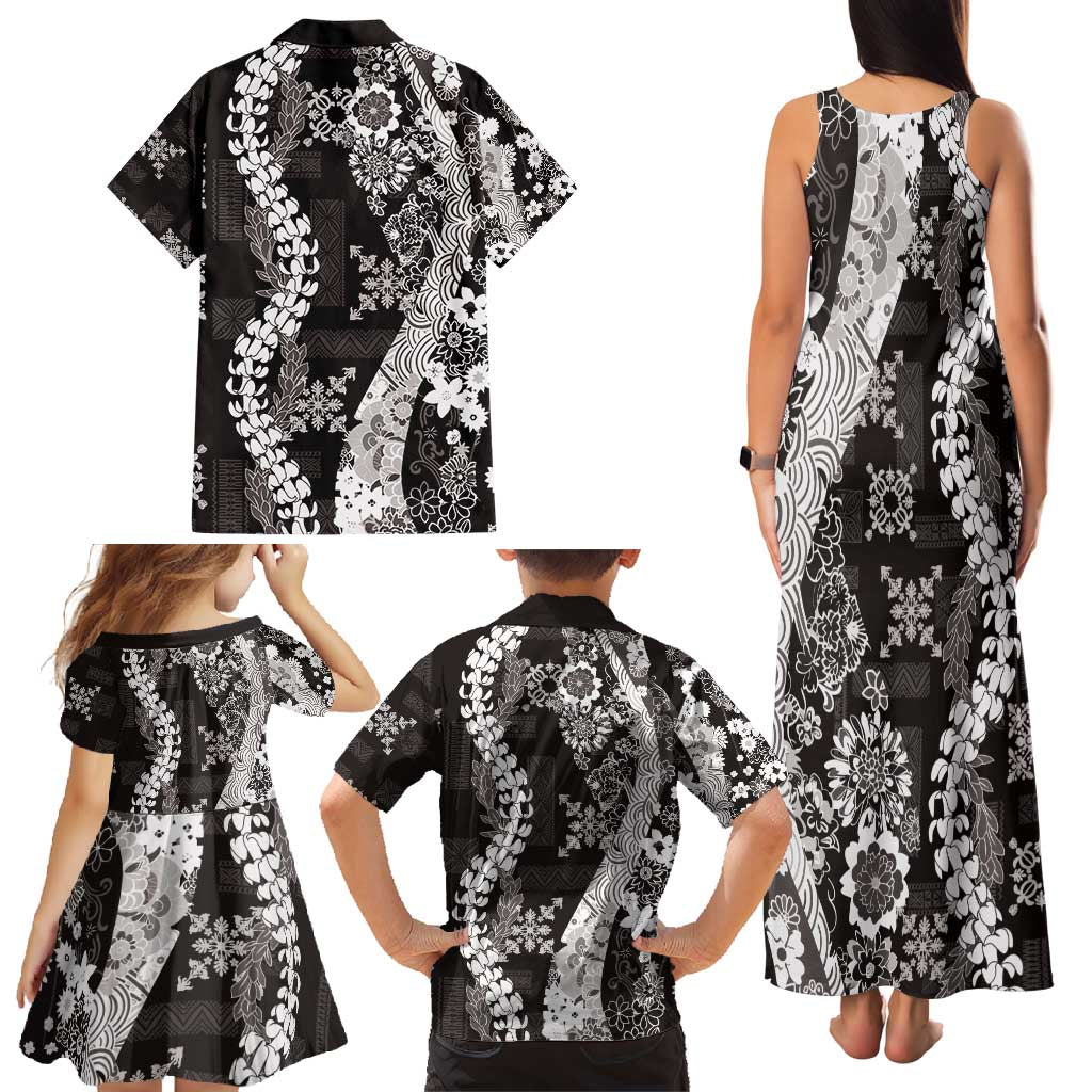 Hawaii Puakenikeni and Maile Lei Family Matching Tank Maxi Dress and Hawaiian Shirt Black Japanese Wave Style - Polynesian Pride
