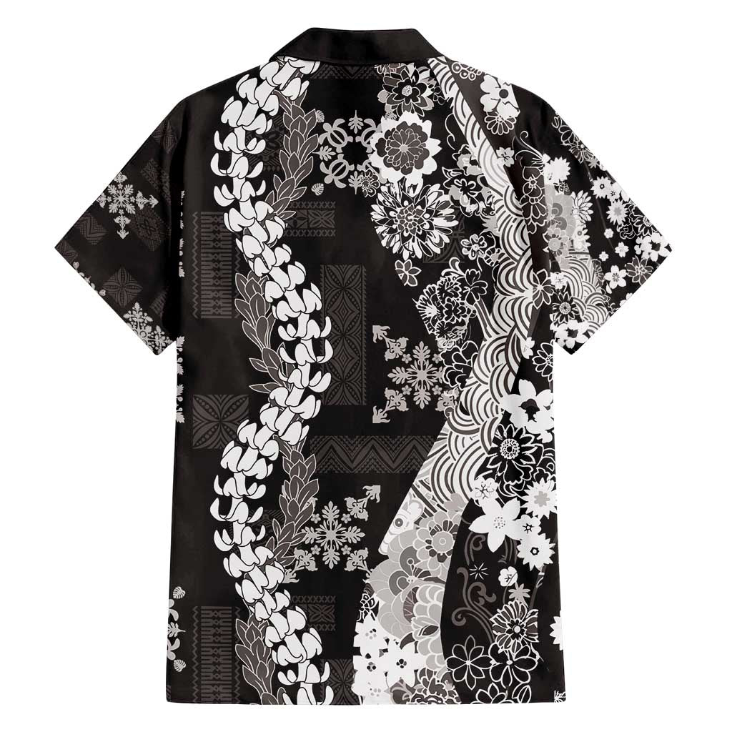 Hawaii Puakenikeni and Maile Lei Family Matching Tank Maxi Dress and Hawaiian Shirt Black Japanese Wave Style - Polynesian Pride