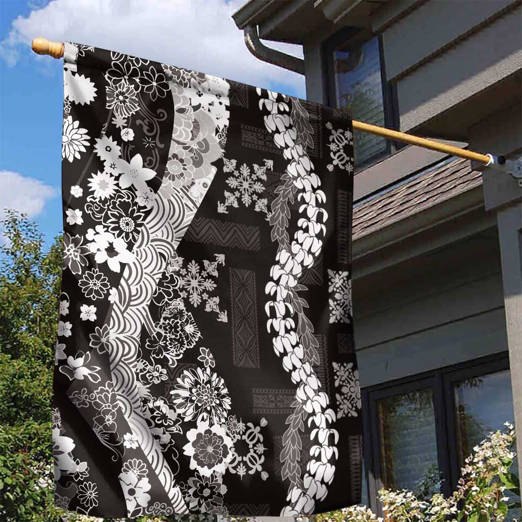 Hawaii Puakenikeni and Maile Lei Garden Flag Black Japanese Wave Style - Polynesian Pride