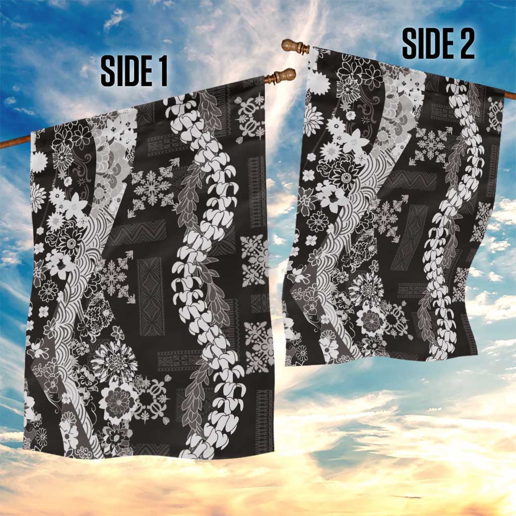 Hawaii Puakenikeni and Maile Lei Garden Flag Black Japanese Wave Style - Polynesian Pride
