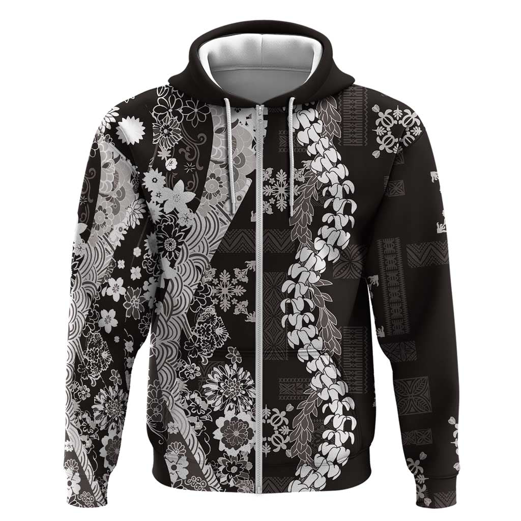 Hawaii Puakenikeni and Maile Lei Hoodie Black Japanese Wave Style - Polynesian Pride