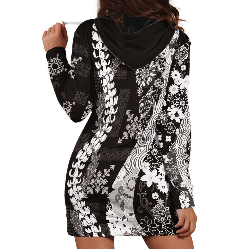 Hawaii Puakenikeni and Maile Lei Hoodie Dress Black Japanese Wave Style - Polynesian Pride