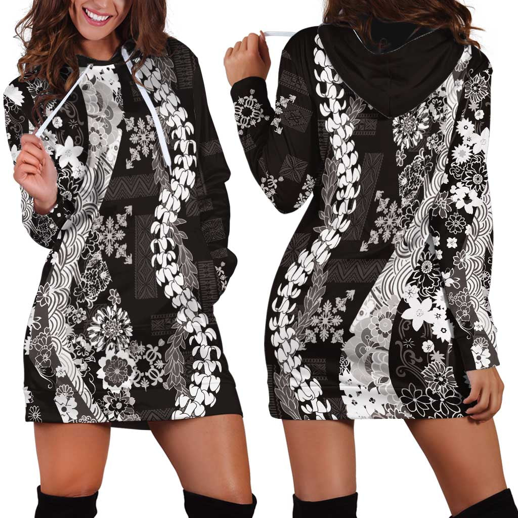 Hawaii Puakenikeni and Maile Lei Hoodie Dress Black Japanese Wave Style - Polynesian Pride