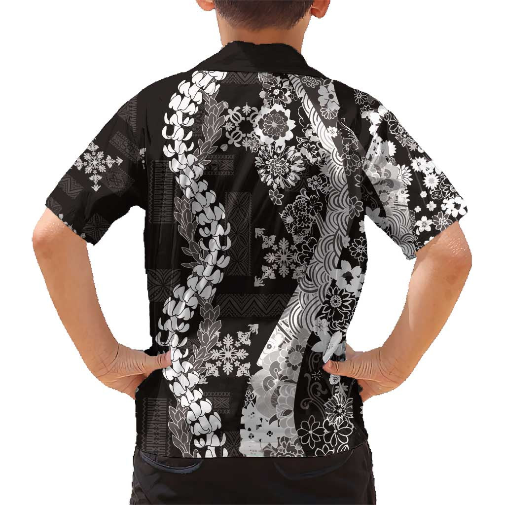 Hawaii Puakenikeni and Maile Lei Kid Hawaiian Shirt Black Japanese Wave Style - Polynesian Pride