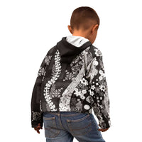 Hawaii Puakenikeni and Maile Lei Kid Hoodie Black Japanese Wave Style - Polynesian Pride