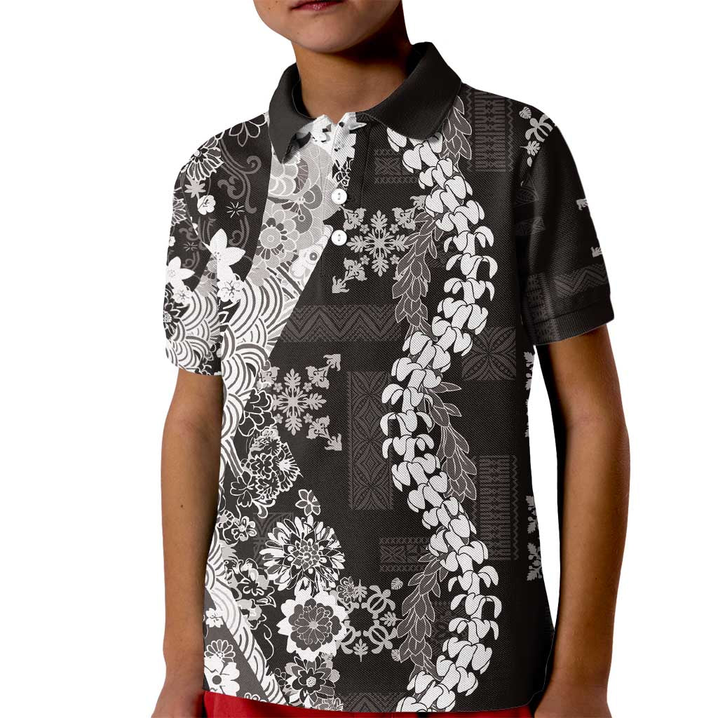 Hawaii Puakenikeni and Maile Lei Kid Polo Shirt Black Japanese Wave Style - Polynesian Pride
