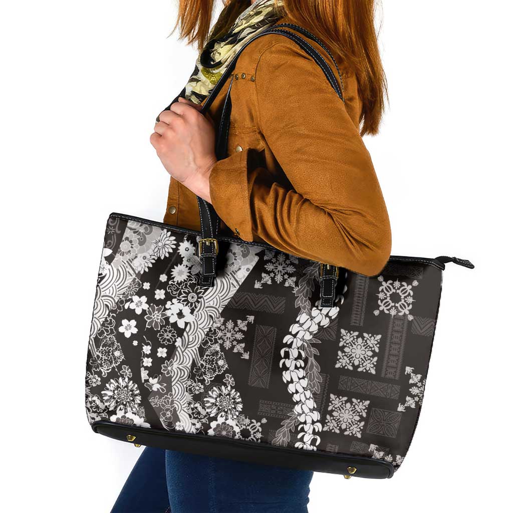 Hawaii Puakenikeni and Maile Lei Leather Tote Bag Black Japanese Wave Style LT9 Black - Polynesian Pride