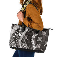 Hawaii Puakenikeni and Maile Lei Leather Tote Bag Black Japanese Wave Style LT9 Black - Polynesian Pride