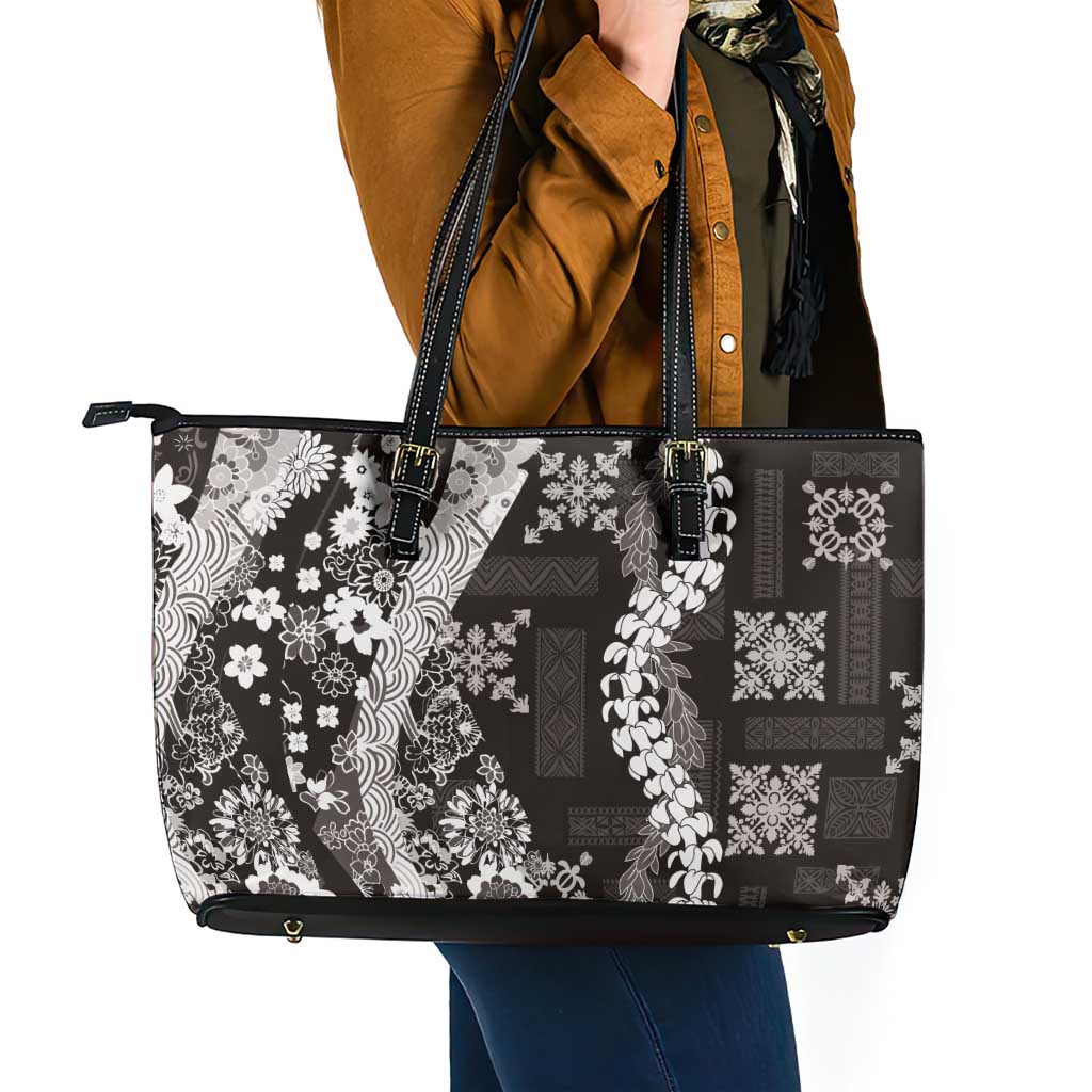 Hawaii Puakenikeni and Maile Lei Leather Tote Bag Black Japanese Wave Style LT9 - Polynesian Pride