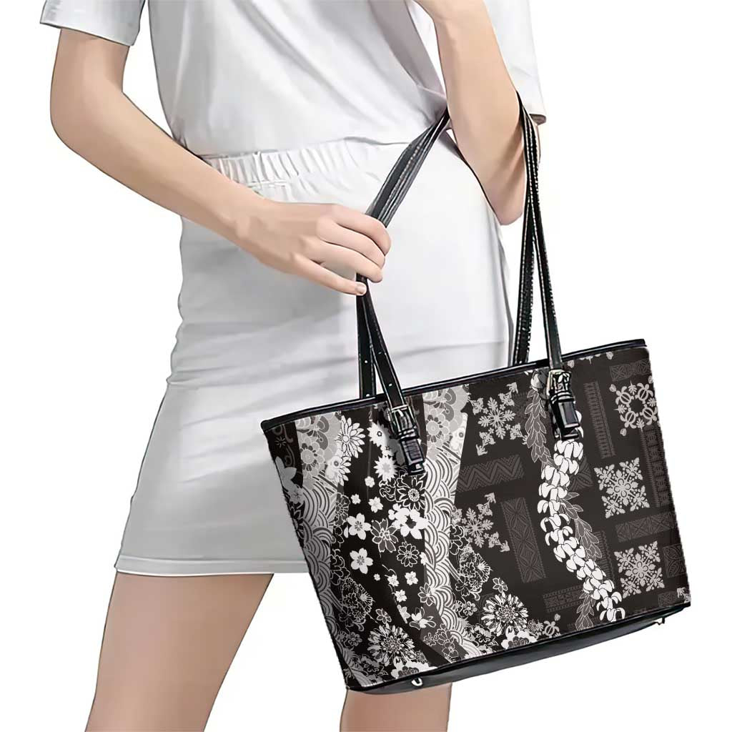 Hawaii Puakenikeni and Maile Lei Leather Tote Bag Black Japanese Wave Style LT9 - Polynesian Pride