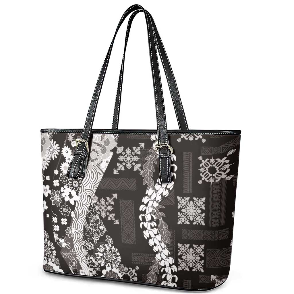 Hawaii Puakenikeni and Maile Lei Leather Tote Bag Black Japanese Wave Style LT9 - Polynesian Pride