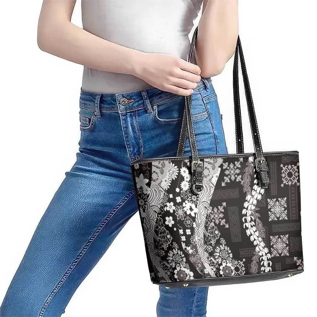 Hawaii Puakenikeni and Maile Lei Leather Tote Bag Black Japanese Wave Style LT9 - Polynesian Pride