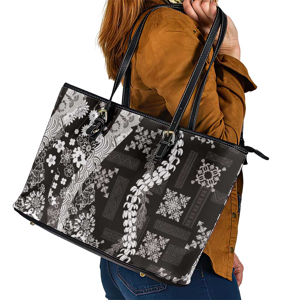 Hawaii Puakenikeni and Maile Lei Leather Tote Bag Black Japanese Wave Style LT9 - Polynesian Pride