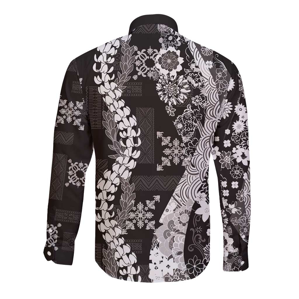 Hawaii Puakenikeni and Maile Lei Long Sleeve Button Shirt Black Japanese Wave Style - Polynesian Pride