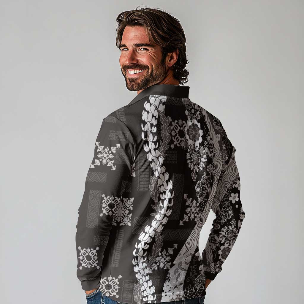Hawaii Puakenikeni and Maile Lei Long Sleeve Polo Shirt Black Japanese Wave Style - Polynesian Pride