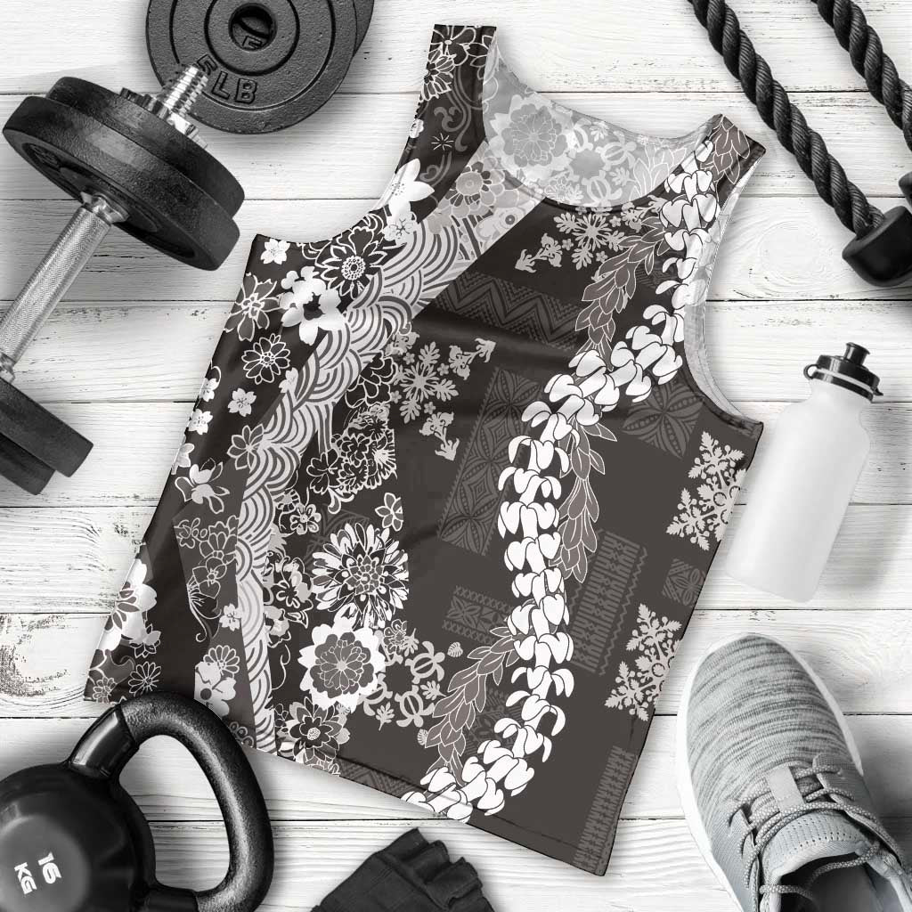 Hawaii Puakenikeni and Maile Lei Men Tank Top Black Japanese Wave Style - Polynesian Pride