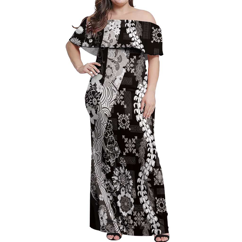Hawaii Puakenikeni and Maile Lei Off Shoulder Maxi Dress Black Japanese Wave Style - Polynesian Pride