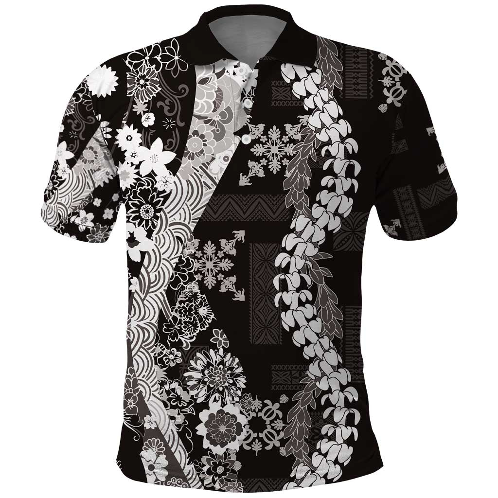 Hawaii Puakenikeni and Maile Lei Polo Shirt Black Japanese Wave Style - Polynesian Pride