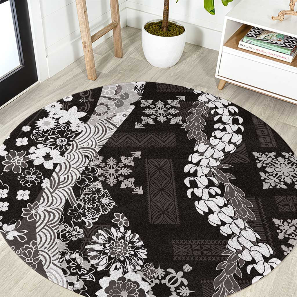 Hawaii Puakenikeni and Maile Lei Round Carpet Black Japanese Wave Style LT9 Black - Polynesian Pride