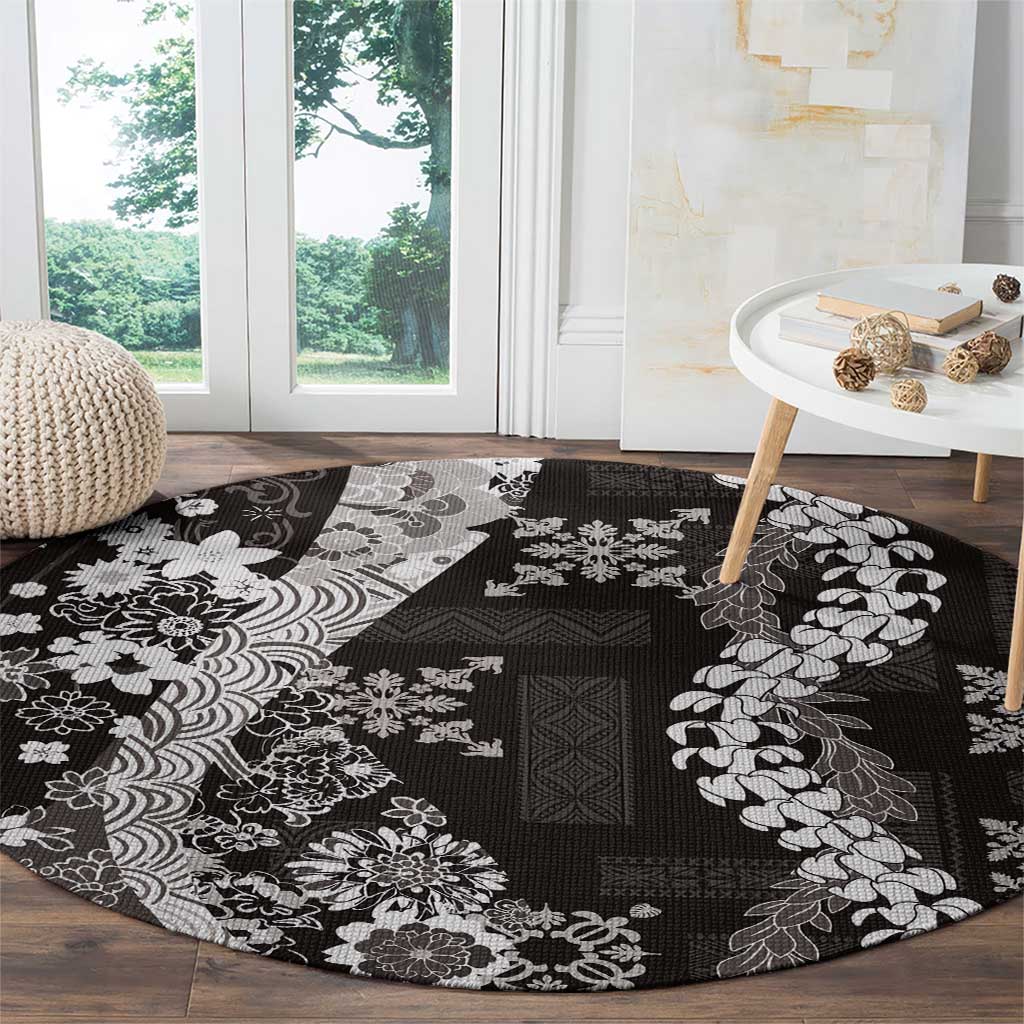 Hawaii Puakenikeni and Maile Lei Round Carpet Black Japanese Wave Style - Polynesian Pride