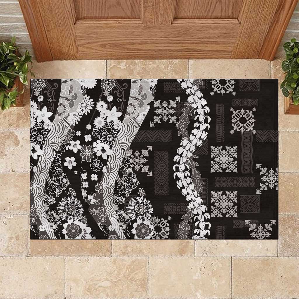 Hawaii Puakenikeni and Maile Lei Rubber Doormat Black Japanese Wave Style LT9 Black - Polynesian Pride