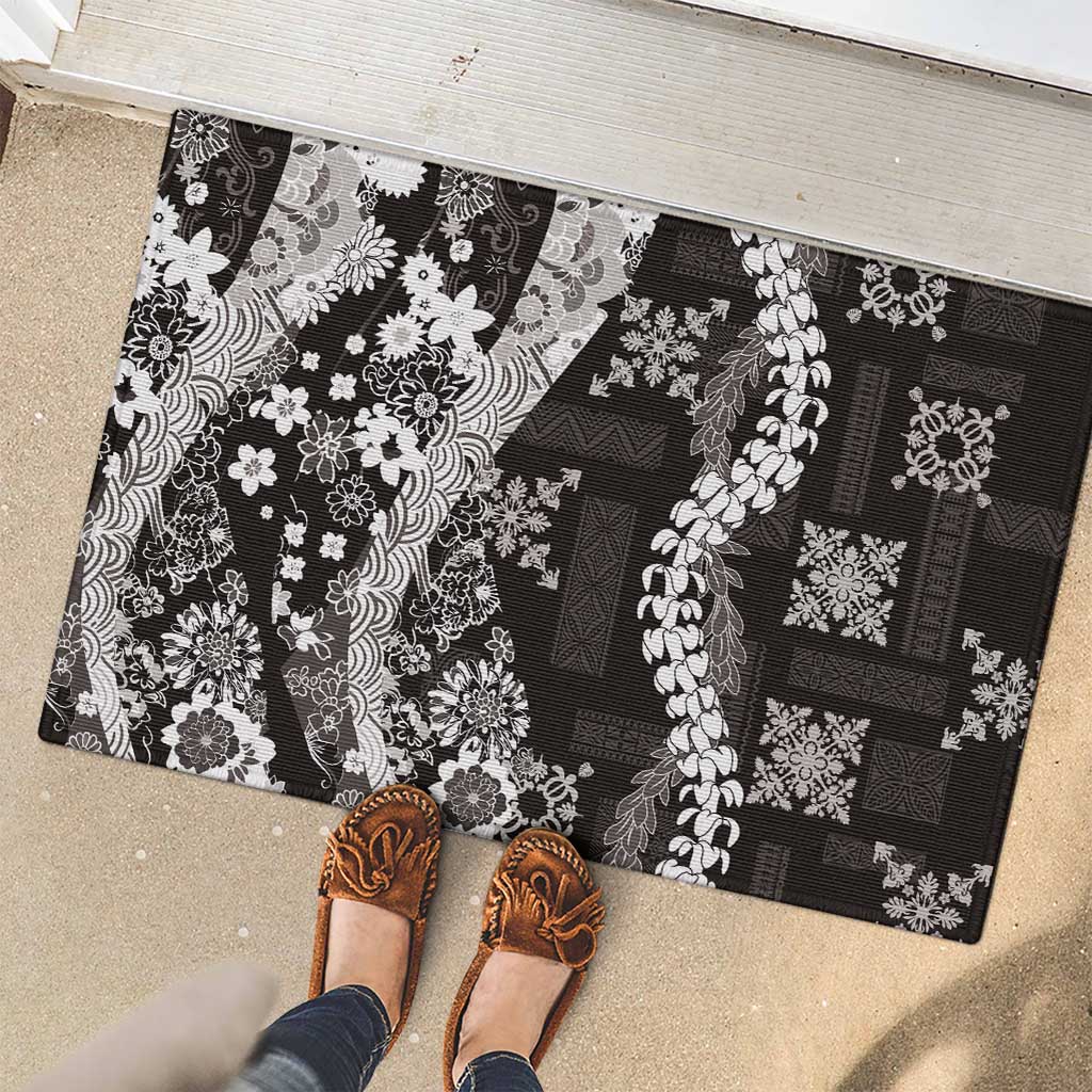 Hawaii Puakenikeni and Maile Lei Rubber Doormat Black Japanese Wave Style - Polynesian Pride