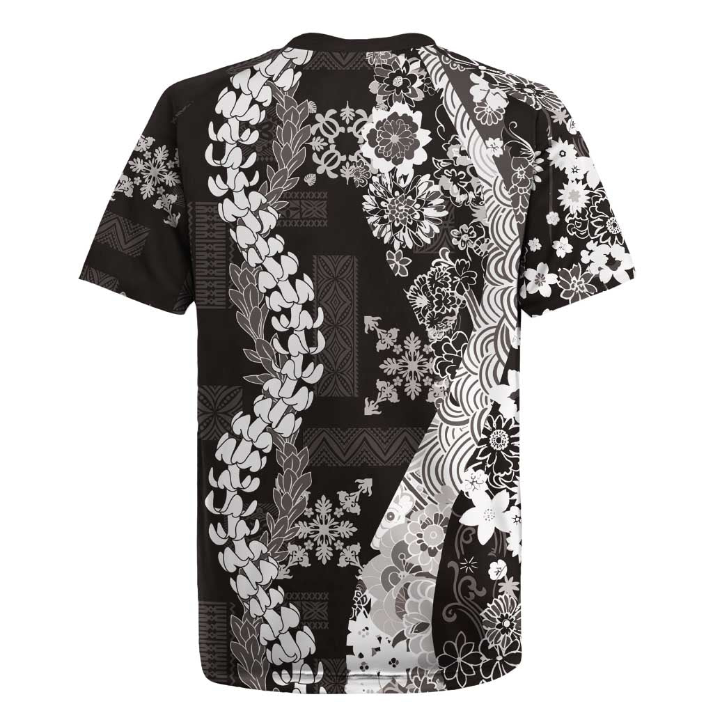 Hawaii Puakenikeni and Maile Lei Rugby Jersey Black Japanese Wave Style - Polynesian Pride