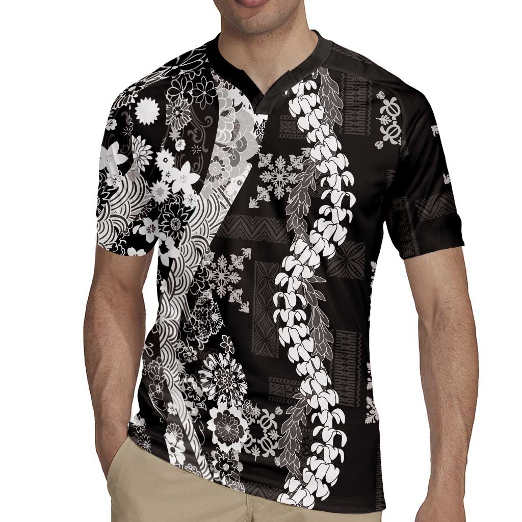 Hawaii Puakenikeni and Maile Lei Rugby Jersey Black Japanese Wave Style - Polynesian Pride
