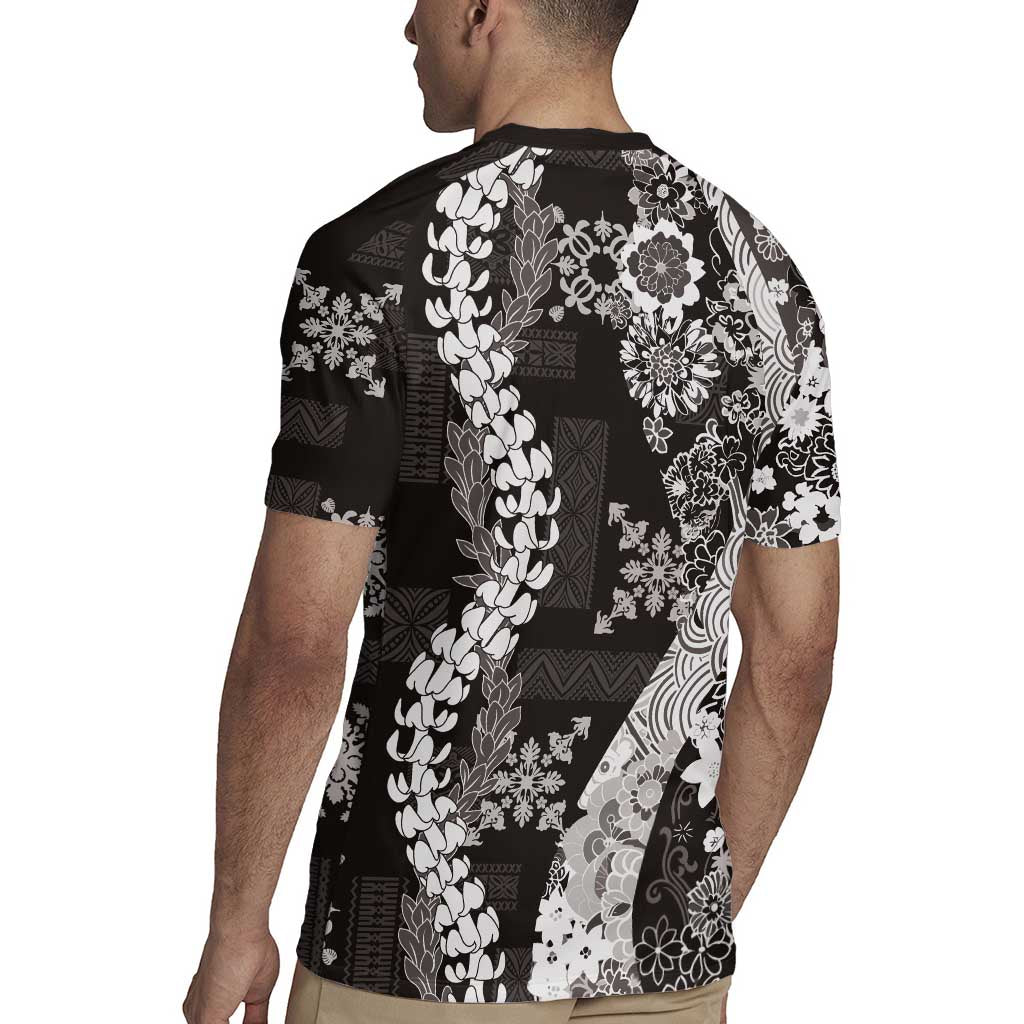 Hawaii Puakenikeni and Maile Lei Rugby Jersey Black Japanese Wave Style - Polynesian Pride