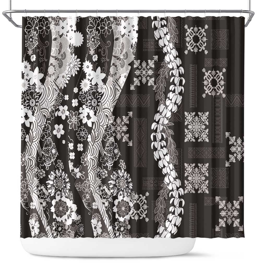 Hawaii Puakenikeni and Maile Lei Shower Curtain Black Japanese Wave Style LT9 Black - Polynesian Pride