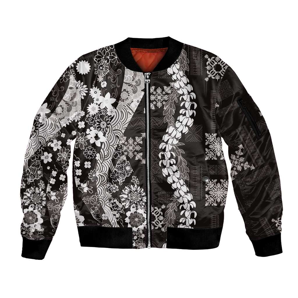 Hawaii Puakenikeni and Maile Lei Sleeve Zip Bomber Jacket Black Japanese Wave Style LT9 Unisex Black - Polynesian Pride